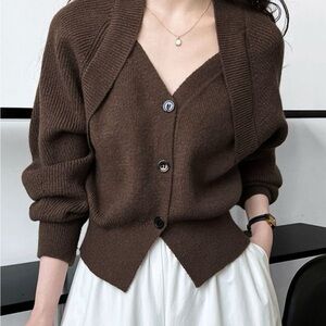 Commense patchwork v-neck Chocolate Brown Women's Cardigan Sweater